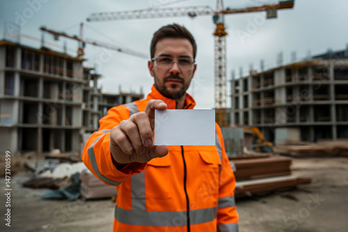 Construction worker engineer in orange safety suit holding blank business card at building site. branding, business identity, construction industry mockup