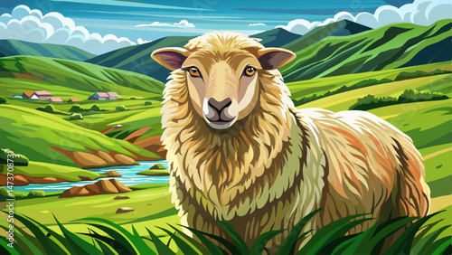 Closeup detail portrait of a single unshorn domesticated sheep standing on green grass meadow farmland at Florence HIll Catlins Otago New Zealand