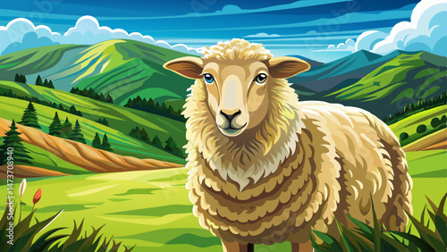 portrait Closeup detail portrait of a single unshorn domesticated sheep standing on green grass meadow farmland at Florence HIll Catlins Otago New Zealand. Very beautiful