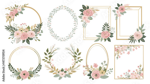 Luxury Floral Frame Collection with Unique Shapes and Refined Gold, Pink, and Green Accents