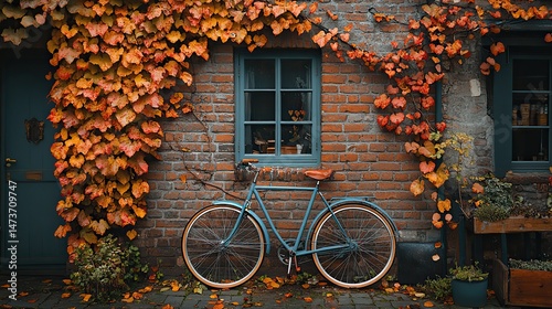 A charming old bicycle leaning against a brick wall covered in climbing ivy, suggesting a leisurely pace of life and a connection to the past