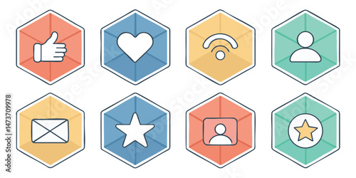 Minimalist Flat Geometric Vector Icons of Social Media Interactions — Like, Comment, Share, Follow & More