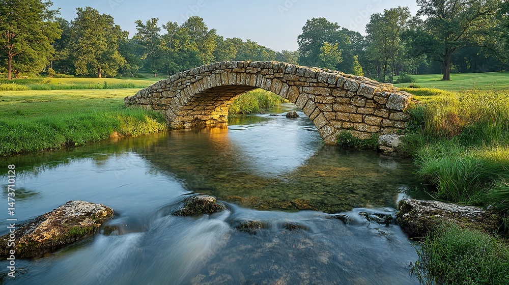 Fototapeta premium A charming old stone bridge arching over a clear, flowing river in a picturesque countryside setting, surrounded by green meadows and trees