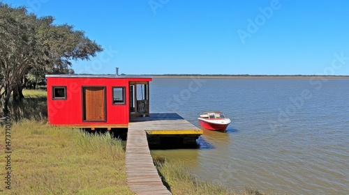 Red cabin on a lakefront dock