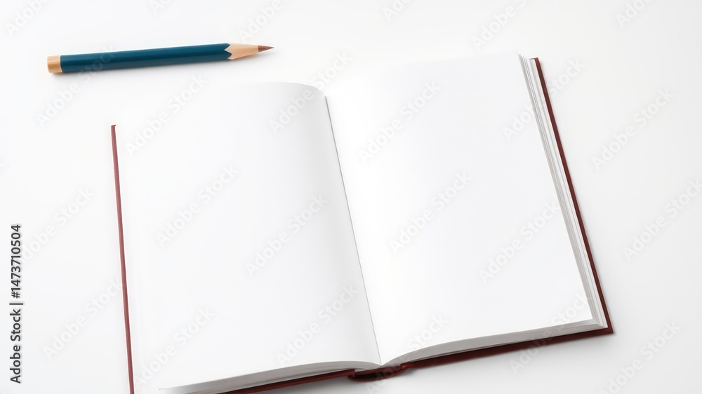 Open notebook with teal pencil on white background, ready for ideas and notes Open notebook with teal pencil on white background, ready for ideas and notes