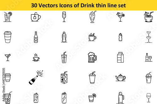 Drink Icons Collection Thin Line Vector Graphics with Editable Stroke