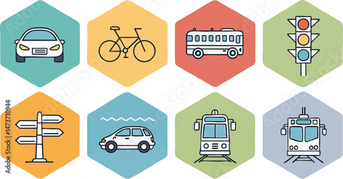 Minimalist Flat Geometric Vector Icons of Transportation — Car, Bus, Bicycle, Airplane, Motorcycle, Train & More