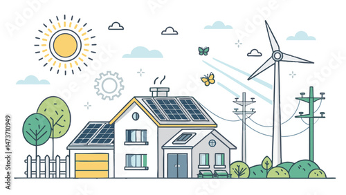 Minimalist Flat Vector Illustrations of Solar Panels, Wind Turbines, and Eco Energy Solutions in Bright Colors