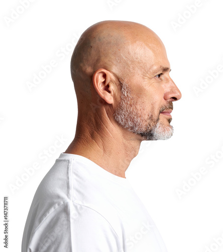Profile of confident mature man wearing white t-shirt on white background