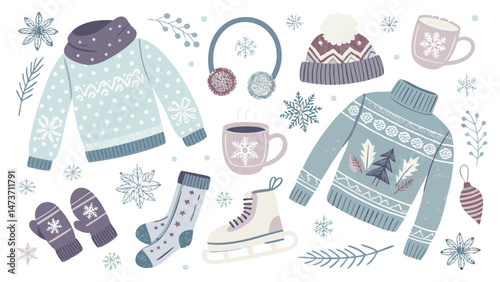 Pastel Flat Illustrations of Cozy Winter Essentials – Scarves, Mugs, Snowflakes for a Festive Vibe