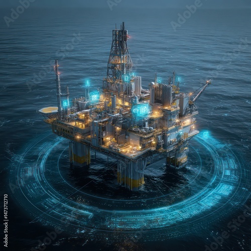 AI-driven futuristic oil rig monitors and analyzes operations in real-time for better performance.