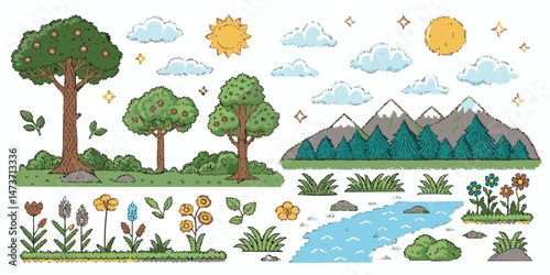 Pixel Art Nature Icons Pack with Trees, Flowers, Clouds, Sun, Moon, Mountains, Rivers, and More