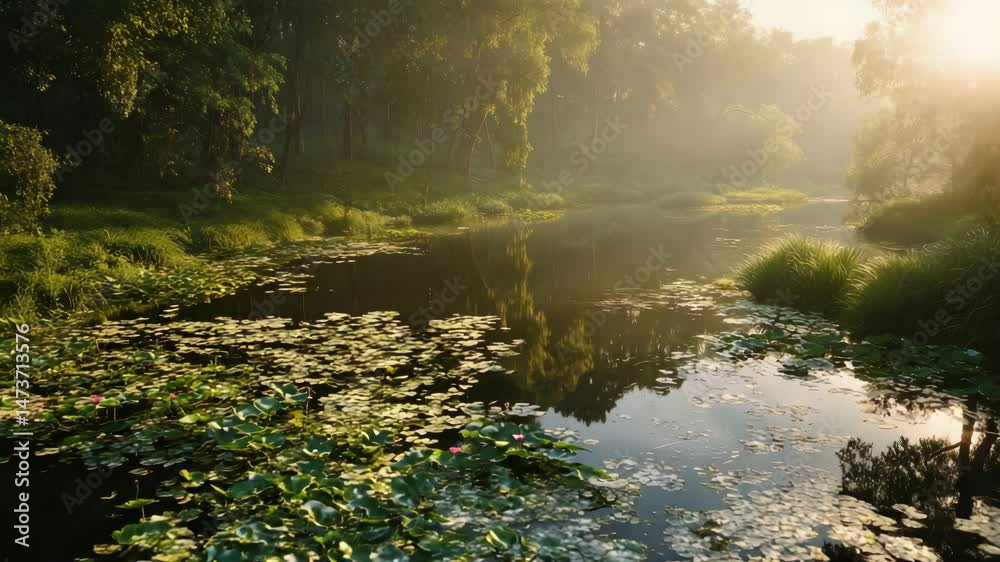 Serene Pond with Golden Sun Reflections/黄金の太陽反射の静かな池2 Serene Pond with Golden Sun Reflections/黄金の太陽反射の静かな池2
