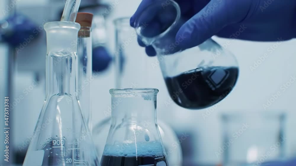 Hand in protective glove pouring liquid from beaker to flask in laboratory concept. Chemical research, medical analysis and pharmaceutical experiment in lab. Hand in protective glove pouring liquid from beaker to flask in laboratory concept. Chemical research, medical analysis and pharmaceutical experiment in lab.