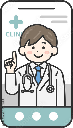 スマートフォンでオンライン診療する、聴診器をつけた、男性医師（線画カラー）のイラスト