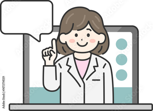 パソコンのオンライン診療で説明する、女性医師（線画カラー）のイラスト