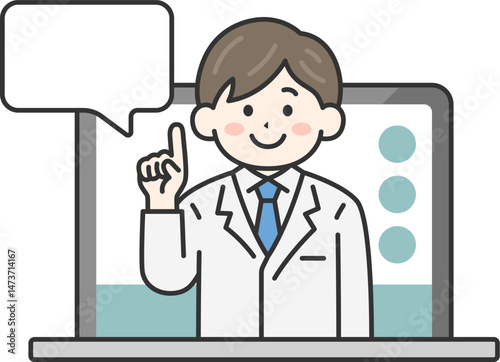 パソコンのオンライン診療で説明する、男性医師（線画カラー）のイラスト