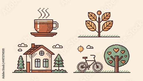 Retro Pixel Art Icons of Everyday Objects in Classic Grid Style with Limited Color Palette