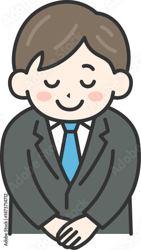 お辞儀をする、ビジネスマン（線画カラー）のイラスト
