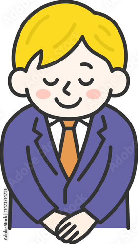 お辞儀をする、白人のビジネスマン（線画カラー）のイラスト