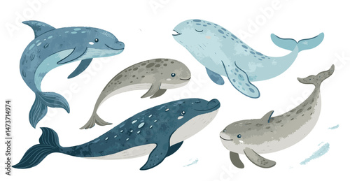 Smooth Flowing Vector Art of Aquatic Mammals: Dolphin, Whale, Manatee, Seal, Otter, Narwhal
