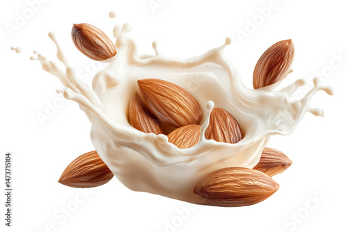 Whole almonds splashing into almond milk, top view, isolated on white, photorealistic and clean composition