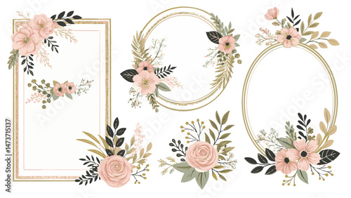 Sophisticated Floral Frames in Flat and Line Styles with Gold, Pink, Green for Premium Branding