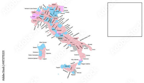 Italy Map with Regions and Provinces Highlighted in Pink and Blue Showing Geographic Boundaries, Political Divisions, and Regional Names for Informational Purposes