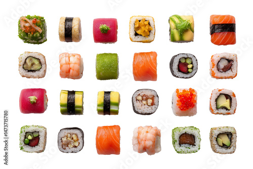 Assorted sushi rolls in a top view layout, isolated on white, colorful and clean composition, ideal for menu design or packaging.