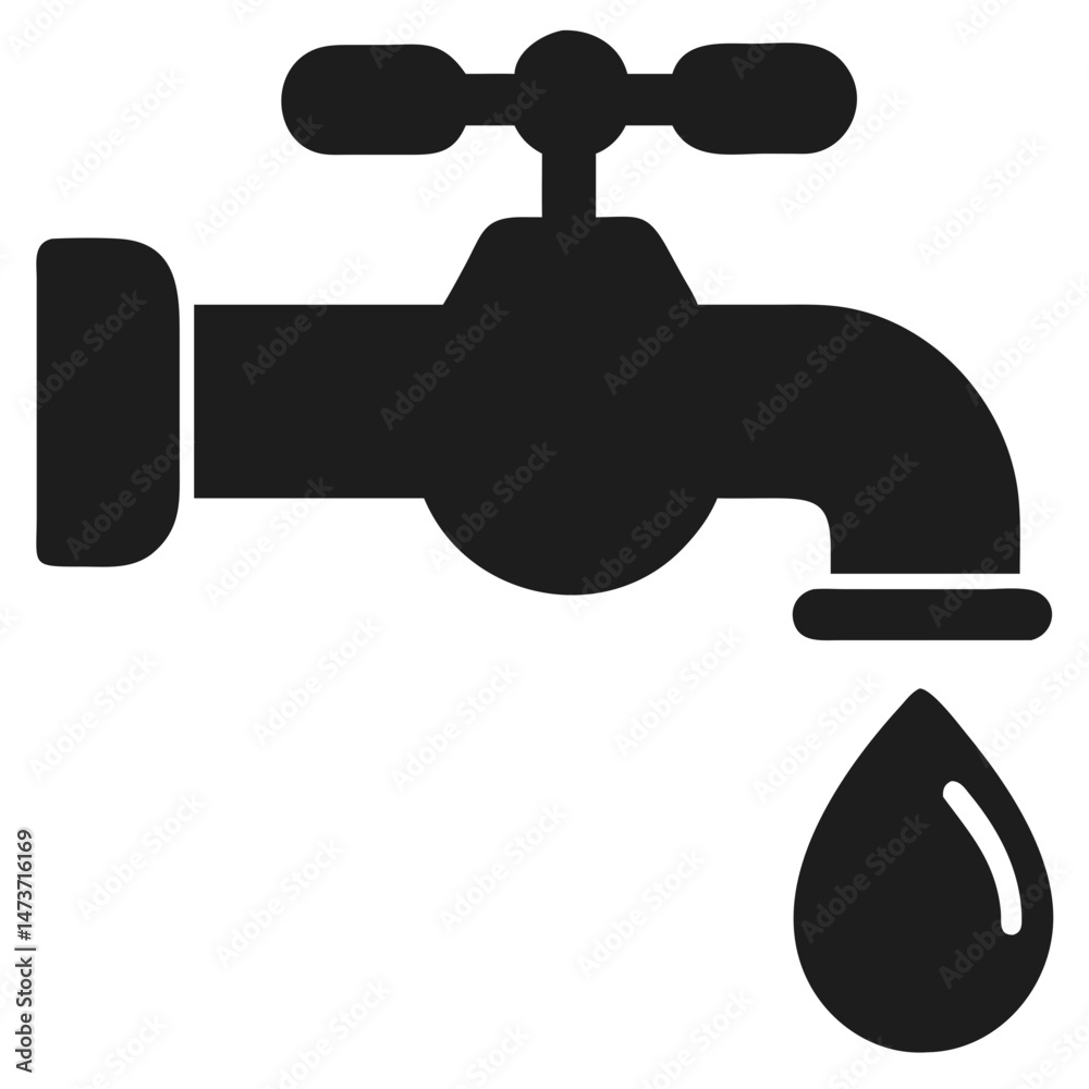 Silhouette design depicting a water tap with a single water drop icon for saving water concepts Silhouette design depicting a water tap with a single water drop icon for saving water concepts