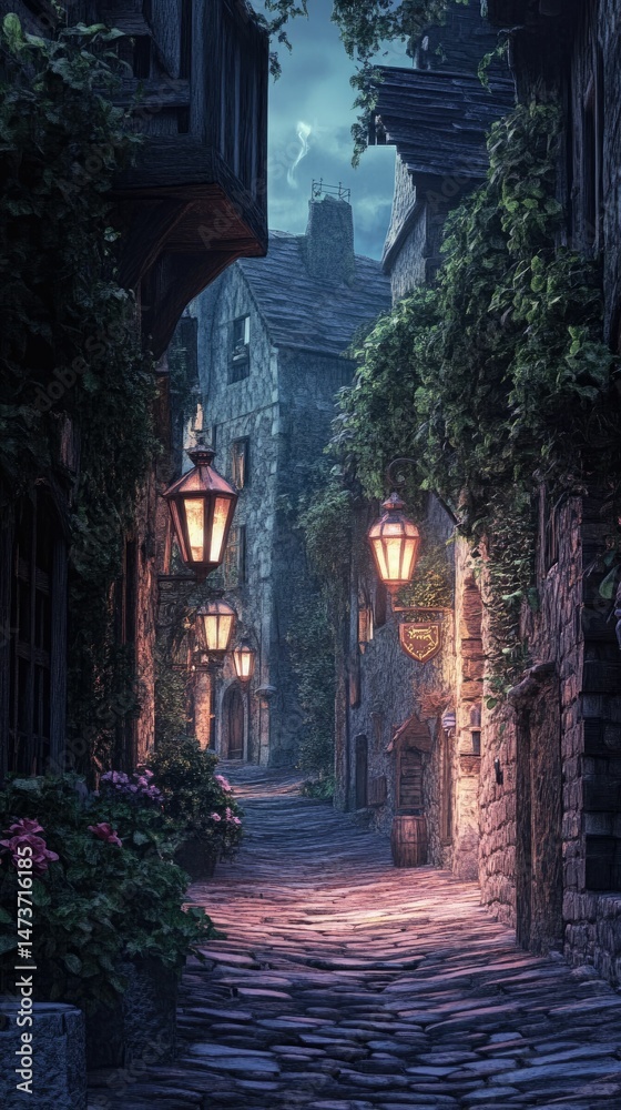 Fototapeta premium Cobblestone lane, ancient buildings, glowing lanterns, twilight.