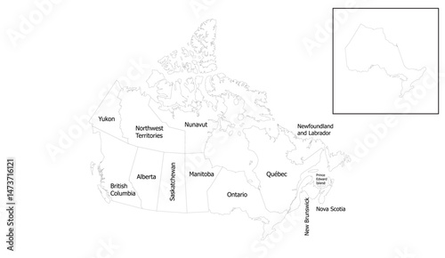Detailed Outline Map of Canada with Provinces and Territories including Ontario in a separate square isolated on white ideal for geography studies and educational use
