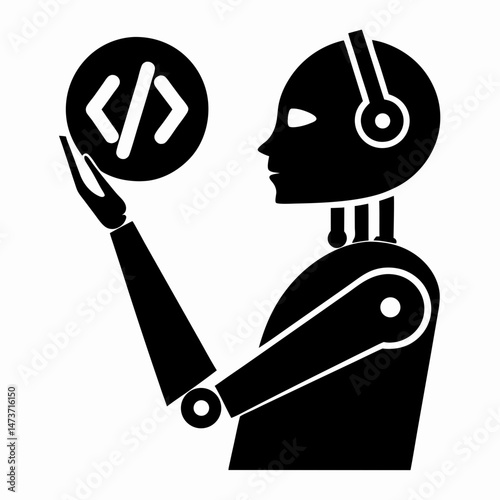 Robot programmer holding coding symbols illustrating technology and software development