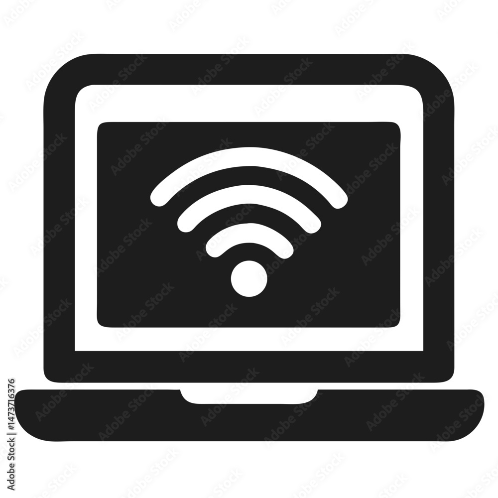 Black laptop computer silhouette with wifi signal icon representing remote connection. Black laptop computer silhouette with wifi signal icon representing remote connection.