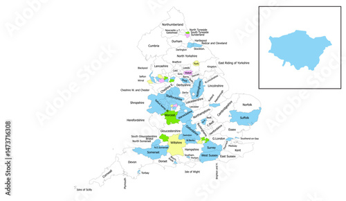 Colorful Map of England with Administrative Regions and Inset of London, Showing Regional Divisions, and Political Demarcations for Educational and Informational Use