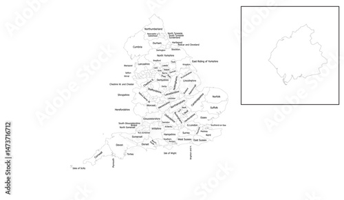 Detailed Black and White Outline Map of England with Counties, Including a Separate Inset of the Isle of Wight for Clarity and Geographic Completeness