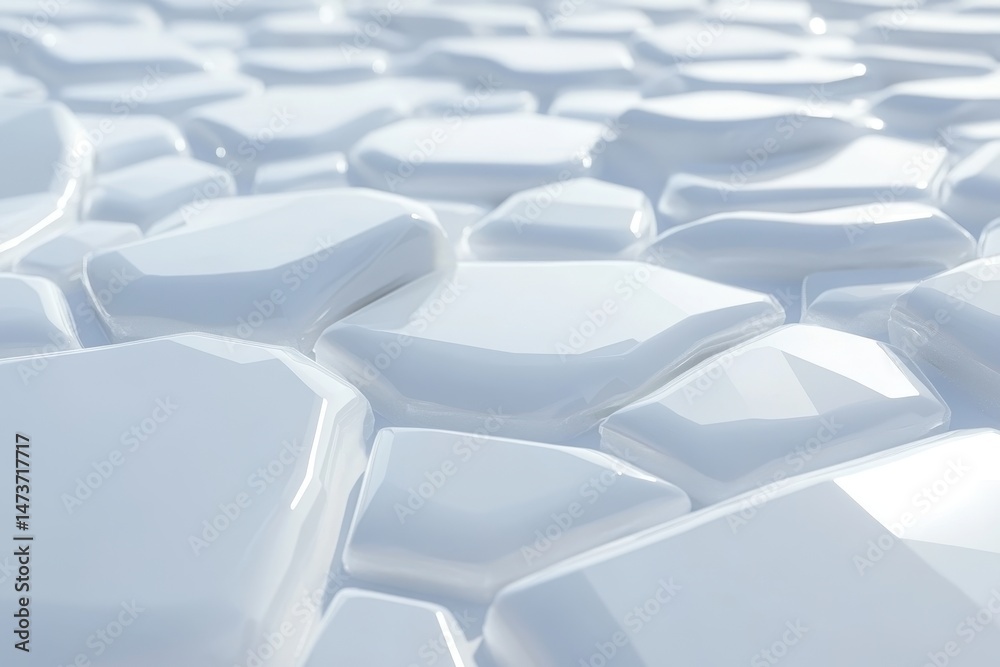 Obraz premium Abstract white stone pavement texture. Close-up view of a seamless, repeating pattern of polygonal, glossy stones. Smooth, modern design