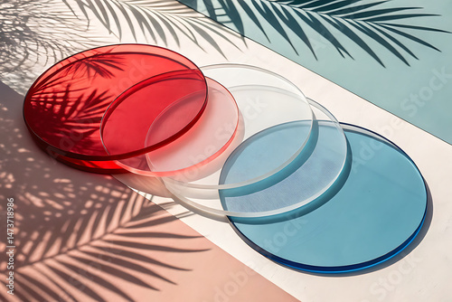 Shiny red, lite blue and transparent  3d circle glass decoration design , 4th july