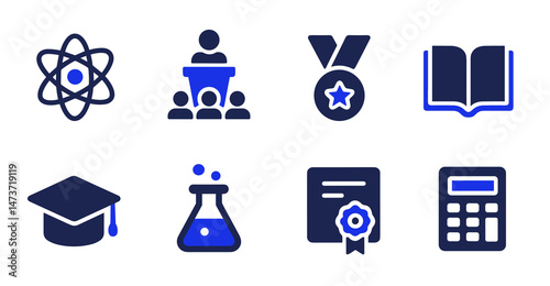 Set of Eight Education Icons Atom, Lecture, Medal, Book, Graduation Cap, Flask, Certificate,