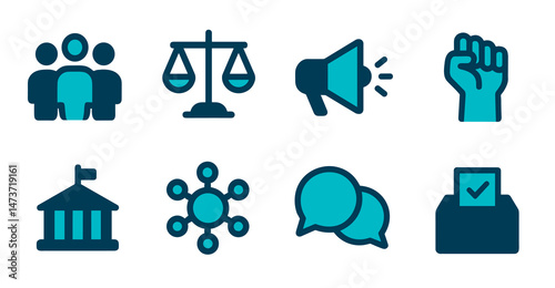 Set of Eight Civic Engagement Icons People, Justice, Communication, Protest, Government, Network,