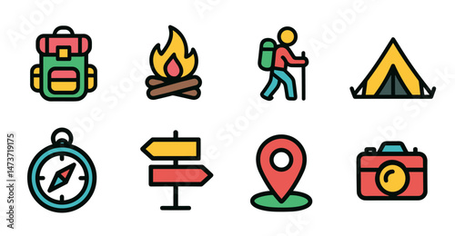 Colorful Camping and Hiking Icon Set Backpack, Campfire, Hiker, Tent, Compass, Signpost, Location