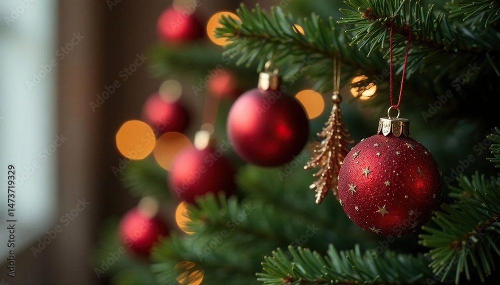 Fototapeta premium Elegant holiday ornaments hanging on a decorated Christmas tree , party, red, december