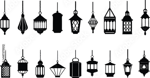 Set of vintage Arabic hanging lanterns vector elements on transparent background