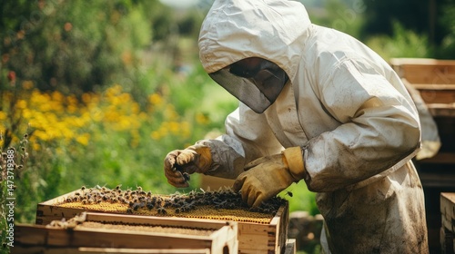 A beekeeper putting on protective gear before heading into a buzzing hive --ar 16:9 --v 6.1 Job ID: acefd539-32e0-4095-a098-fc817ba2d7e8
