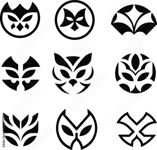Owl Mask Logo Icons Set. Abstract Tribal Animal Emblems Collection
