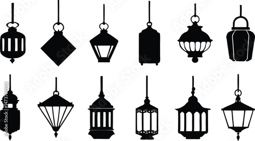 Set of vintage Arabic hanging lanterns vector elements on transparent background