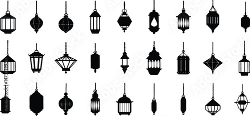 Set of vintage Arabic hanging lanterns vector elements on transparent background