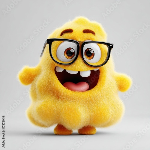 A cheerful fluffy yellow creature with large expressive eyes and glasses sporting a playful and goofy grin