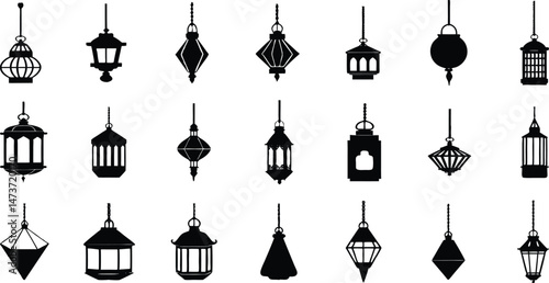 Set of vintage Arabic hanging lanterns vector elements on transparent background