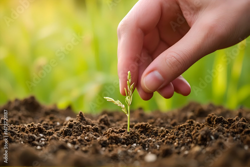A hand placing rice seed in soil bed In style of earthy macro close-up photography For eco-farming visuals, organic agriculture ads and seed-planting awareness in warm soft shadow lighting